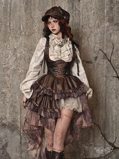 The price is for an overall dress and a train only, others are not included.  Garment Size   	 		 			Size 			S 			M 			L 			XL 		 		 			Waist 			67 			71 			75 			79 		 		 			Hem Circumference 			200 			204 			208 			212 		 		 			Full Length 			144 			146 			148 			150 Moda Steampunk, Sandal Tali, Mode Steampunk, Strap Skirt, Halloween Idea, Steampunk Dress, Mode Punk, Corset Outfit, Style Steampunk