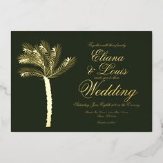 a wedding card with a gold palm tree on the front and green background, which reads