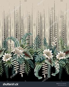 an abstract floral background with white flowers and green leaves on a black background stock photo