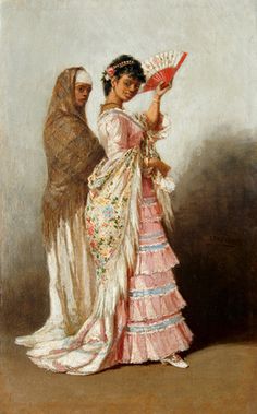 a painting of two women dressed in old - fashioned clothing, one holding a fan