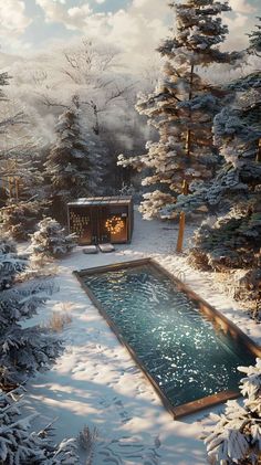 an outdoor hot tub in the middle of a snowy forest with snow on the ground