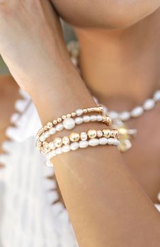 Stack on the shine with this party-ready bracelet set illuminated by cultured freshwater pearls and 18-karat gold-plated beads. Set includes four bracelets Pearl size: 4-6mm Cultured freshwater pearl/18k-gold plate Imported Bracelets Pearl, Pearl Party, Back Necklace, Gold Bead Bracelets, Gold Plated Bracelets, Chain Anklet, Dream Jewelry, Pearl Size, Gold Plated Chains