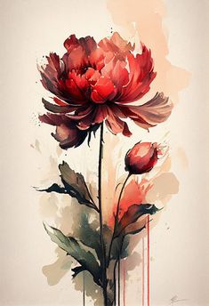 a watercolor painting of red flowers in a vase