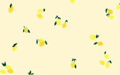 yellow lemons floating in the air on a white background with green leaves and text that reads desktop wallpapers made with love