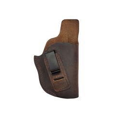 a brown leather holster with a black clipping on the inside of it's belt