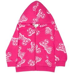 a pink hoodie with white letters on the front and bottom, all over it