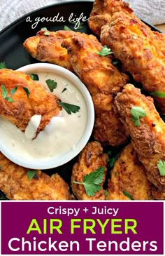 crispy and juicy air fryer chicken tenders on a plate with ranch dressing