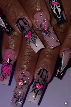 40+ Spooky and Fun Halloween Nail Art Ideas - HubPages Nail Sets Halloween, Birthday And Halloween Nails, Glitter Halloween Nails Acrylic, Pink Nail Designs Bling, Acrylic Nail Designs Coffin Long, Halloween Nails With Jewels, Bling Spooky Nails, Blinged Halloween Nails, Glam Spooky Nails