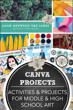 the back cover of an art project with images and text that reads canva projects activities & projects for middle school art