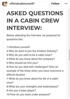 an email message with the caption'asked questions in a cabin crew interview before attending the interview, be prepared for questions like