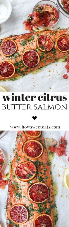 the winter citrus butter salmon is ready to be served