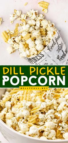 Perfectly popped popcorn, flavored potato chips, and dill come together in this delicious Dill Pickle Popcorn. It’s a quick, easy snack great for school, game day, movie night, road trips, and any occasion. Dill Pickle Pretzels, Dill Pickle Popcorn Seasoning, Dill Pickle Popcorn, Pickle Popcorn, Popcorn Seasoning Recipes, Popcorn Ideas, Pickle Seasoning, Night Road