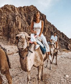 two people are riding camels in the desert