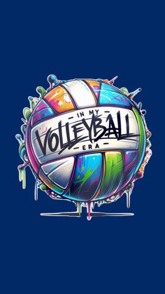 a volleyball ball with the word volleyball on it's side and colorful paint splat