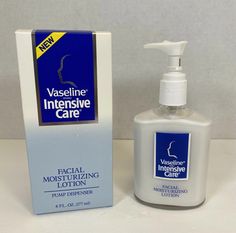 Vaseline Vintage Facial Moisturizing Lotion Glass Jar Pump Dispenser 6 Oz. NIB. Condition is New. Shipped with USPS Priority Mail. Moisturizing Lotion, Vaseline Glass, Vintage Cosmetics, Intensive Care, Moisturizing Lotions