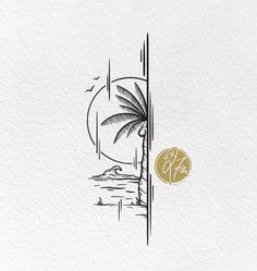 a drawing of a palm tree and the ocean with a gold circle on it's side