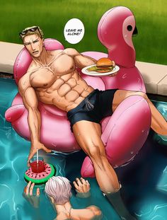 a man sitting on an inflatable chair next to a pool with a hot dog and watermelon