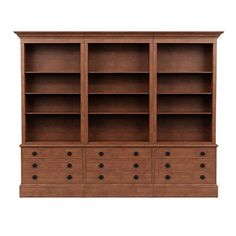 an empty bookcase with drawers on the front and bottom shelves, against a white background