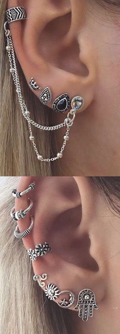 two pictures of different ear piercings with chains on them