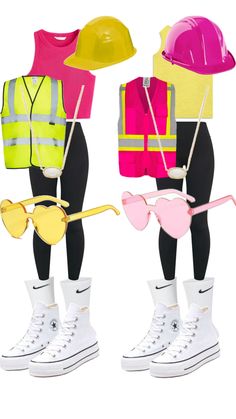 two women wearing safety vests and sunglasses, one in pink and the other in yellow