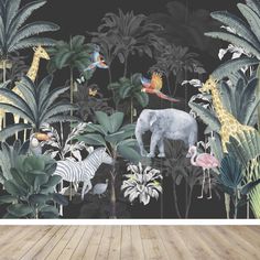 an elephant, giraffe and zebra in the jungle wallpaper mural on a wooden floor