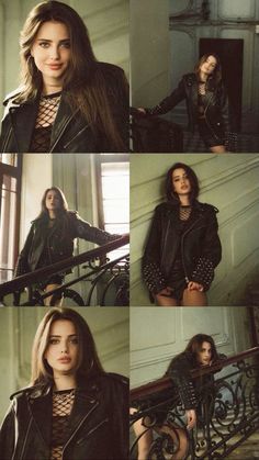 four photos of a woman in black leather jacket and top with laces on her shoulders