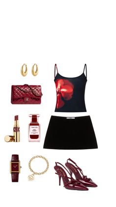 a woman's outfit and accessories are arranged in the shape of a skirt, tank top, high heeled shoes, lipstick, bracelets, purse