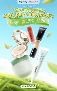 the advertisement for mua beauty is shown in green grass and blue sky with white clouds