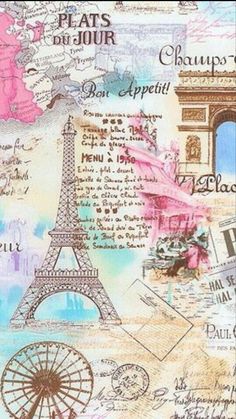 the eiffel tower is surrounded by many different types of papers and stamps on it