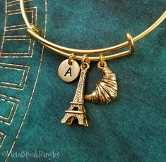 Eiffel Tower Bracelet Eiffel Tower Bangle Croissant Bracelet Croissant Bangle Charm Bracelet French Croissant Bracelet, French Bracelet, Paris Gifts, French Jewelry, Small Charms, Bangle Bracelets With Charms, Letter Charms, Initial Charm, France Travel