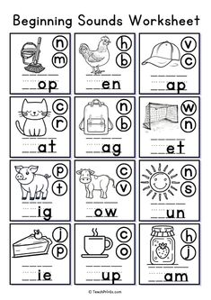 the beginning sounds worksheet with pictures of animals, letters and words in it