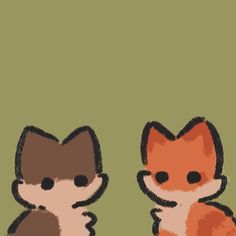 two little foxes sitting next to each other on a green background, one is brown and the other is orange