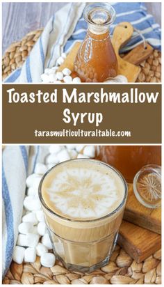 toasted marshmallow syrup in a glass on a tray with marshmallows