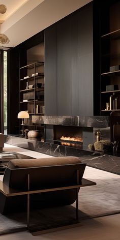 a modern living room with a fireplace in the center