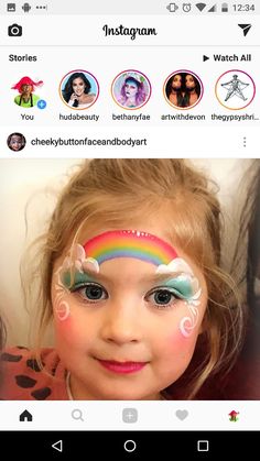 Great rainbow design Rainbow Princess Face Paint, Rainbow Face Paint Easy, New Year Face Paint, Popular Face Painting Designs, Face Painting Rainbow, Princess Face Paint, Kids Face Painting Easy, Flower Face Paint, Easter Face Paint