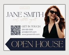 an open house business card with a woman talking on her cell phone and wearing sunglasses