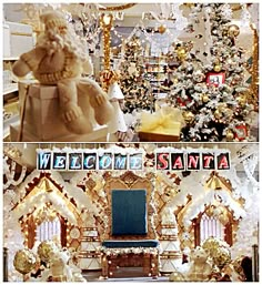 the christmas decorations are all white and gold in this store, including a santa statue