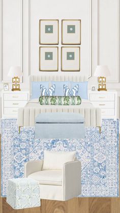 a bedroom with blue and white decor on the walls, furniture and pictures above it