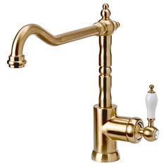 a gold faucet with two handles and nozzles on the handlebar