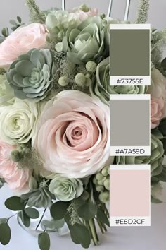 a vase filled with flowers and greenery next to a color swat list for the same room