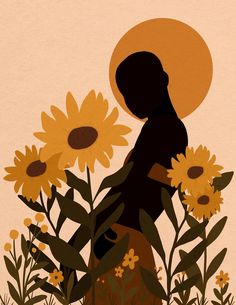 a woman is standing among sunflowers with the sun in her face and behind her back