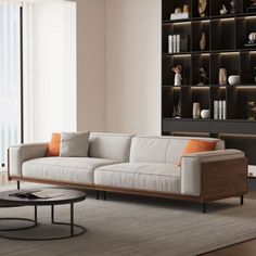 a living room with a couch, coffee table and bookshelf in the background