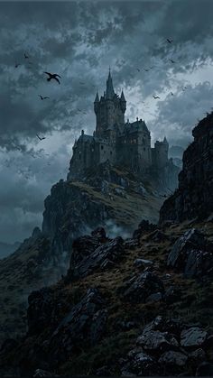 a castle sitting on top of a rocky hill under a cloudy sky with bats flying over it