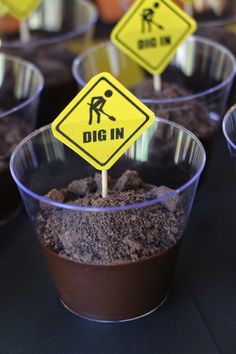 there are some dirt in cups with signs on the top one is labeled dig in