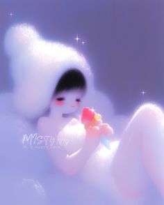 a painting of a woman in the bathtub with soap bubbles on her feet and holding a teddy bear