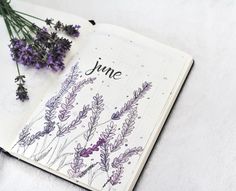 an open notebook with flowers and the word june written on it next to some dried lavenders