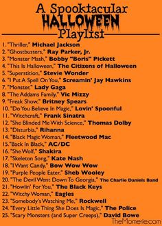 the spooktacular halloween playlist is shown in an orange background with black lettering