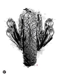 a black and white drawing of a cactus with four tires on it's back