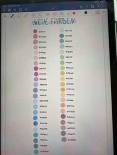 a computer screen showing the names and colors of different types of items in each color