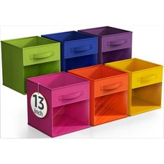 multicolored storage bins with labels on each side and one for each drawer